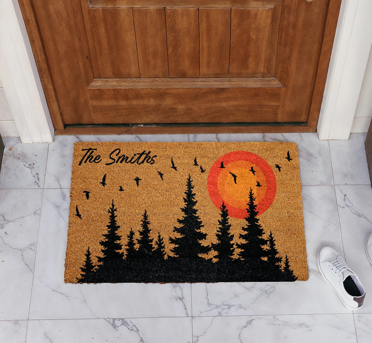 Custom Cabin Doormat with Family Name, Rustic Pine Forest Silhouette Welcome Mat