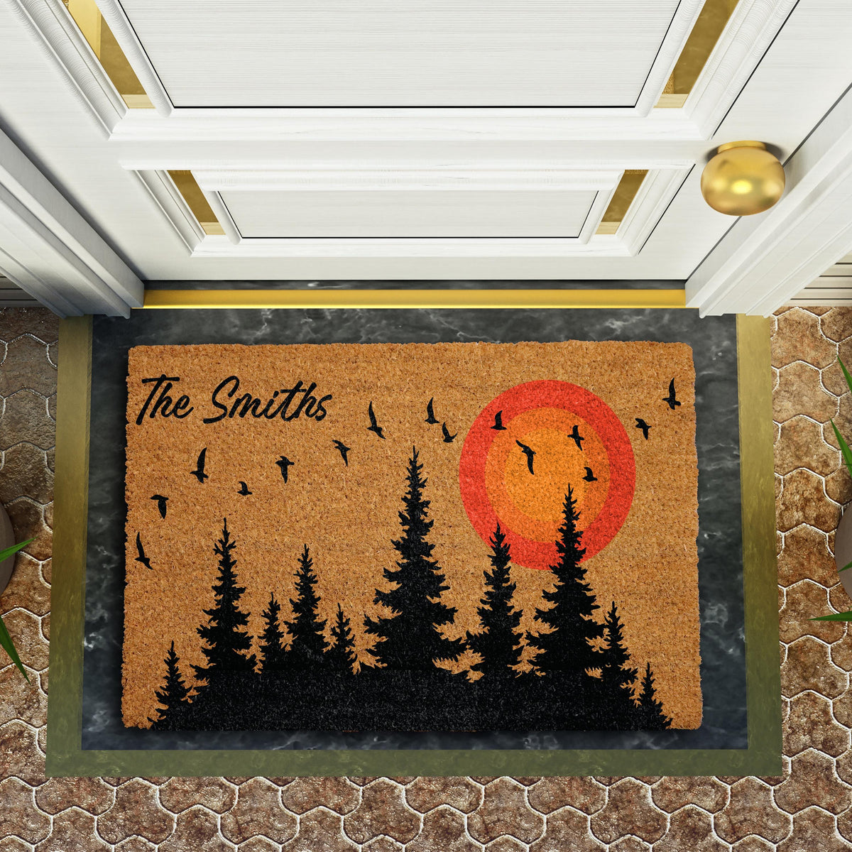 Custom Cabin Doormat with Family Name, Rustic Pine Forest Silhouette Welcome Mat