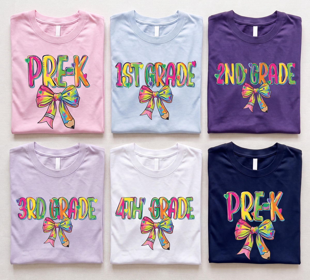 Pencil Bow Grade Level T-Shirt, Colorful Back to School Shirts, Pre - K First Grade Teacher Tee