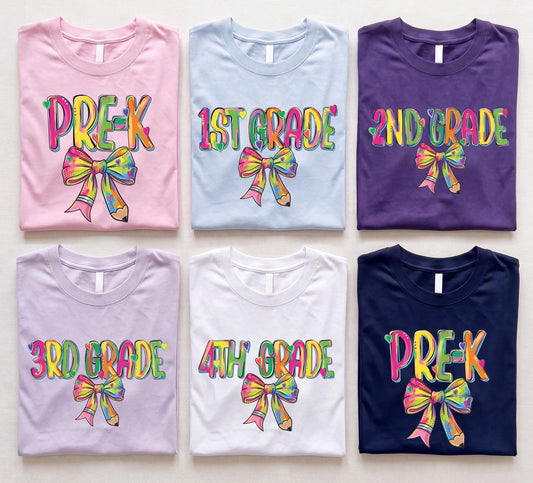 Pencil Bow Grade Level T-Shirt, Colorful Back to School Shirts, Pre - K First Grade Teacher Tee