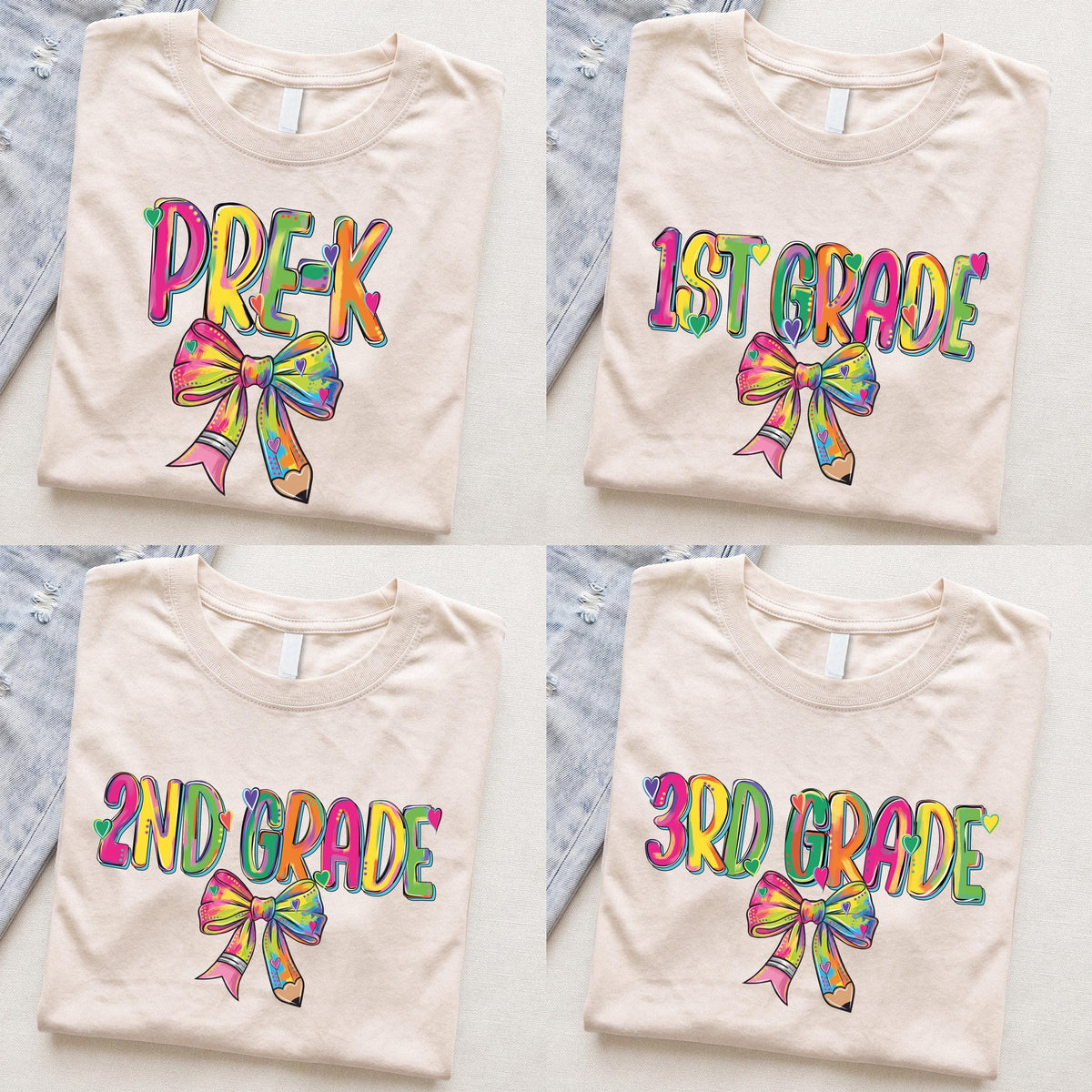 Pencil Bow Grade Level T-Shirt, Colorful Back to School Shirts, Pre - K First Grade Teacher Tee