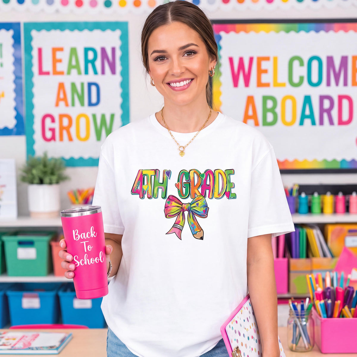 Pencil Bow Grade Level T-Shirt, Colorful Back to School Shirts, Pre - K First Grade Teacher Tee