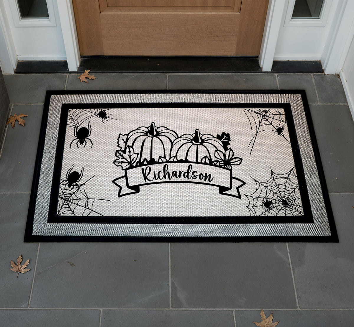 Custom Family Name Pumpkin Doormat, Gothic Spider Web Halloween Welcome Mat