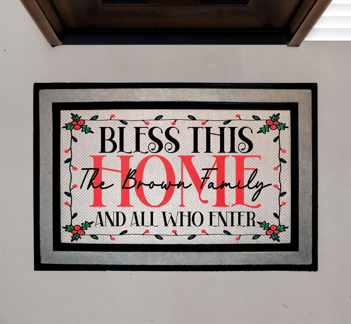 Personalized Bless This Home Family Name Doormat, Winter Berry Welcome Mat