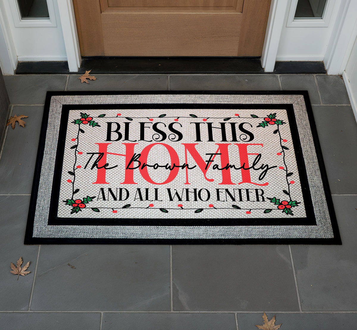 Personalized Bless This Home Family Name Doormat, Winter Berry Welcome Mat