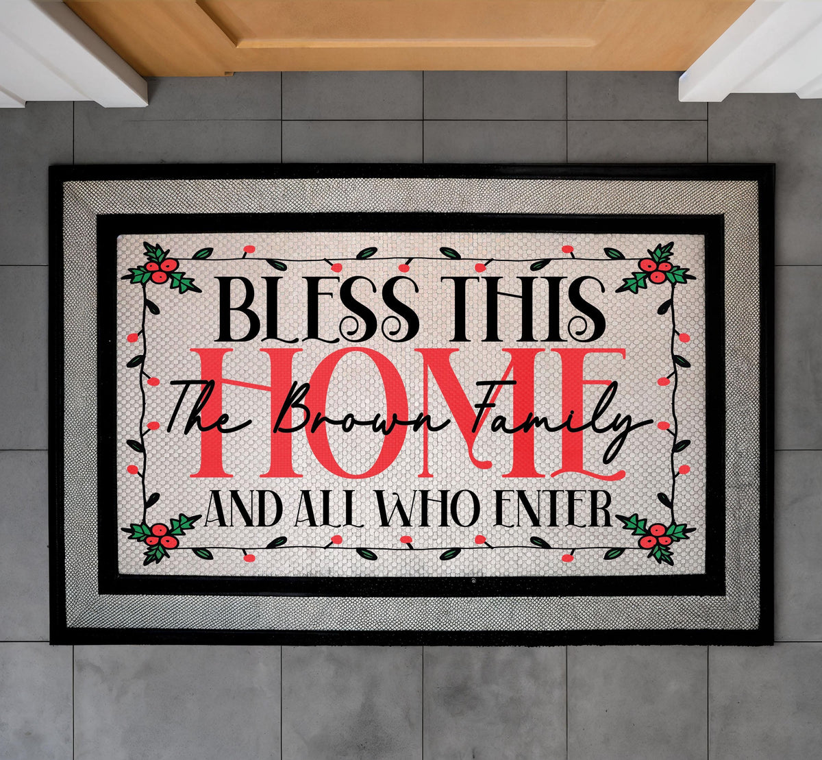 Personalized Bless This Home Family Name Doormat, Winter Berry Welcome Mat
