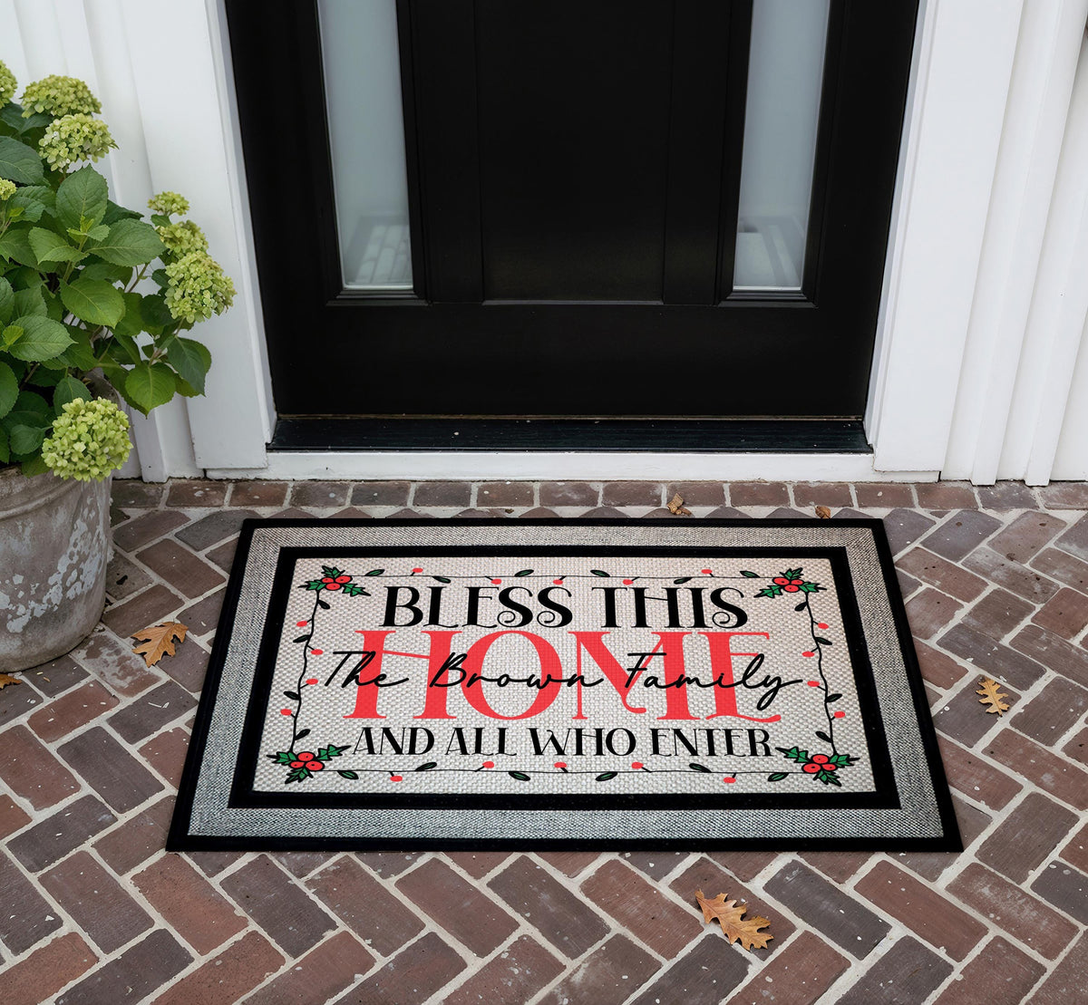 Personalized Bless This Home Family Name Doormat, Winter Berry Welcome Mat