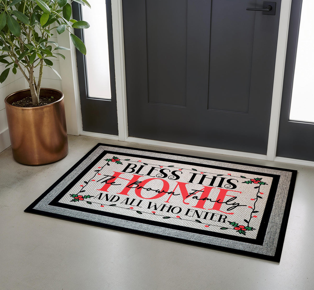 Personalized Bless This Home Family Name Doormat, Winter Berry Welcome Mat