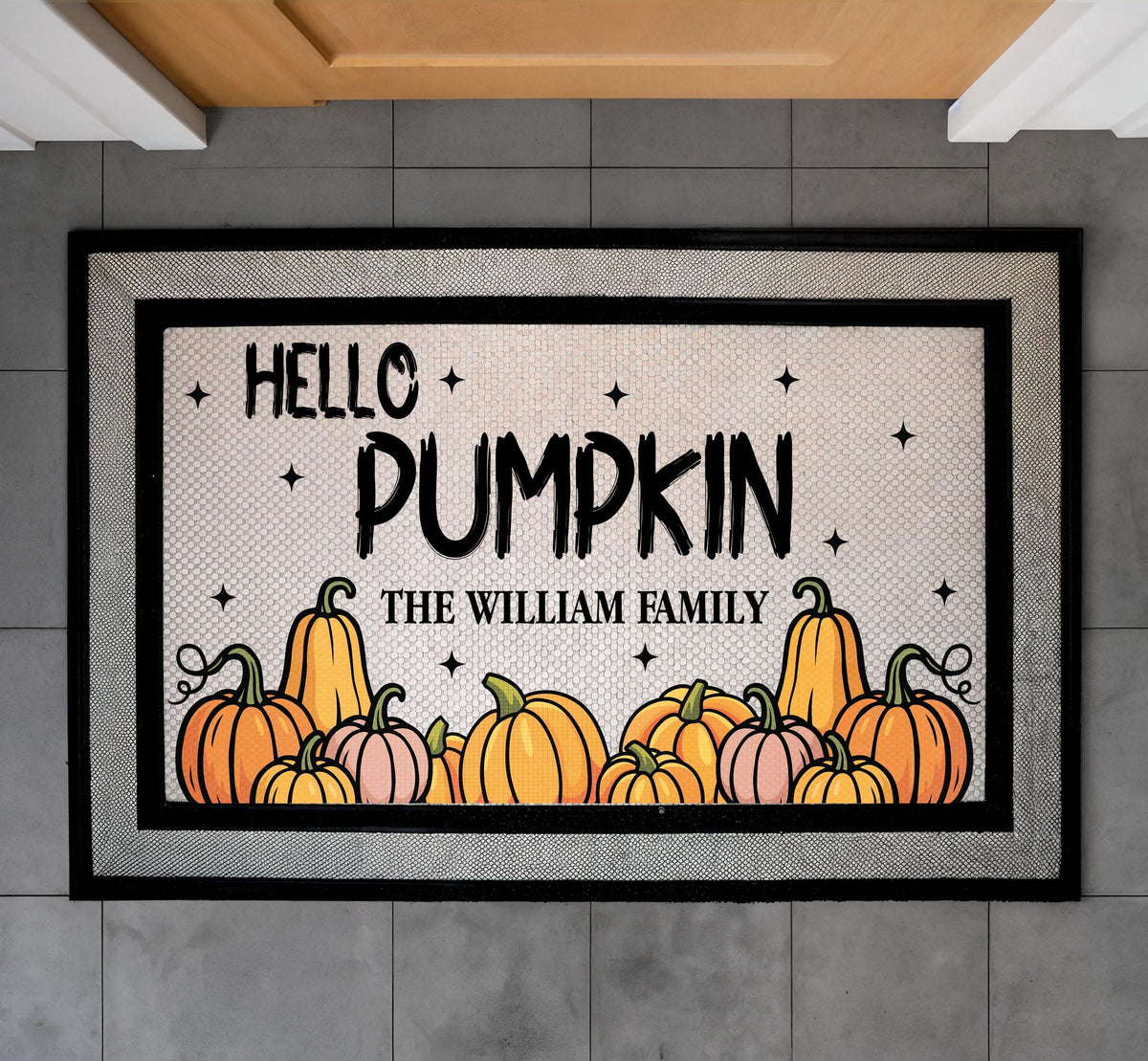 Personalized Family Name Pumpkin Doormat, Autumn Welcome Mat, Fall Porch Decor