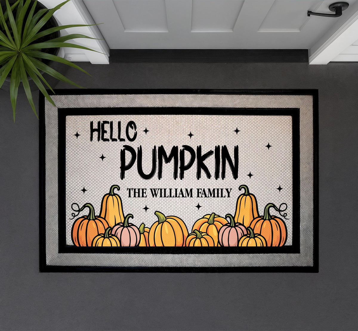 Personalized Family Name Pumpkin Doormat, Autumn Welcome Mat, Fall Porch Decor