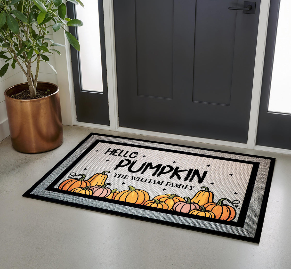 Personalized Family Name Pumpkin Doormat, Autumn Welcome Mat, Fall Porch Decor