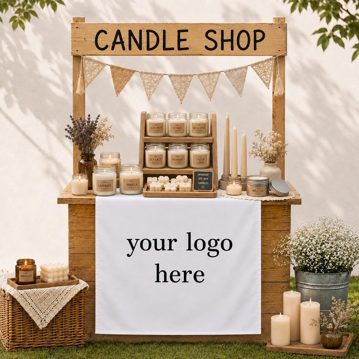 Custom Logo Table Runner Banner, White Vinyl Vendor Booth Sign, Pop Up Decor