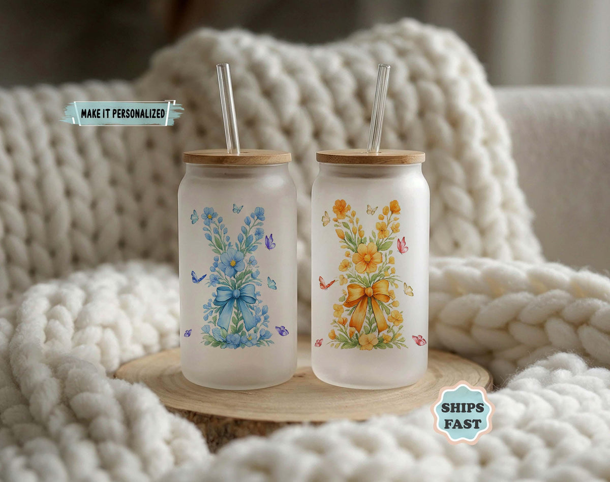 Personalized Easter Bunny Can Glass, Custom Name Iced Coffee Cup, Spring Bunny Glass Tumbler