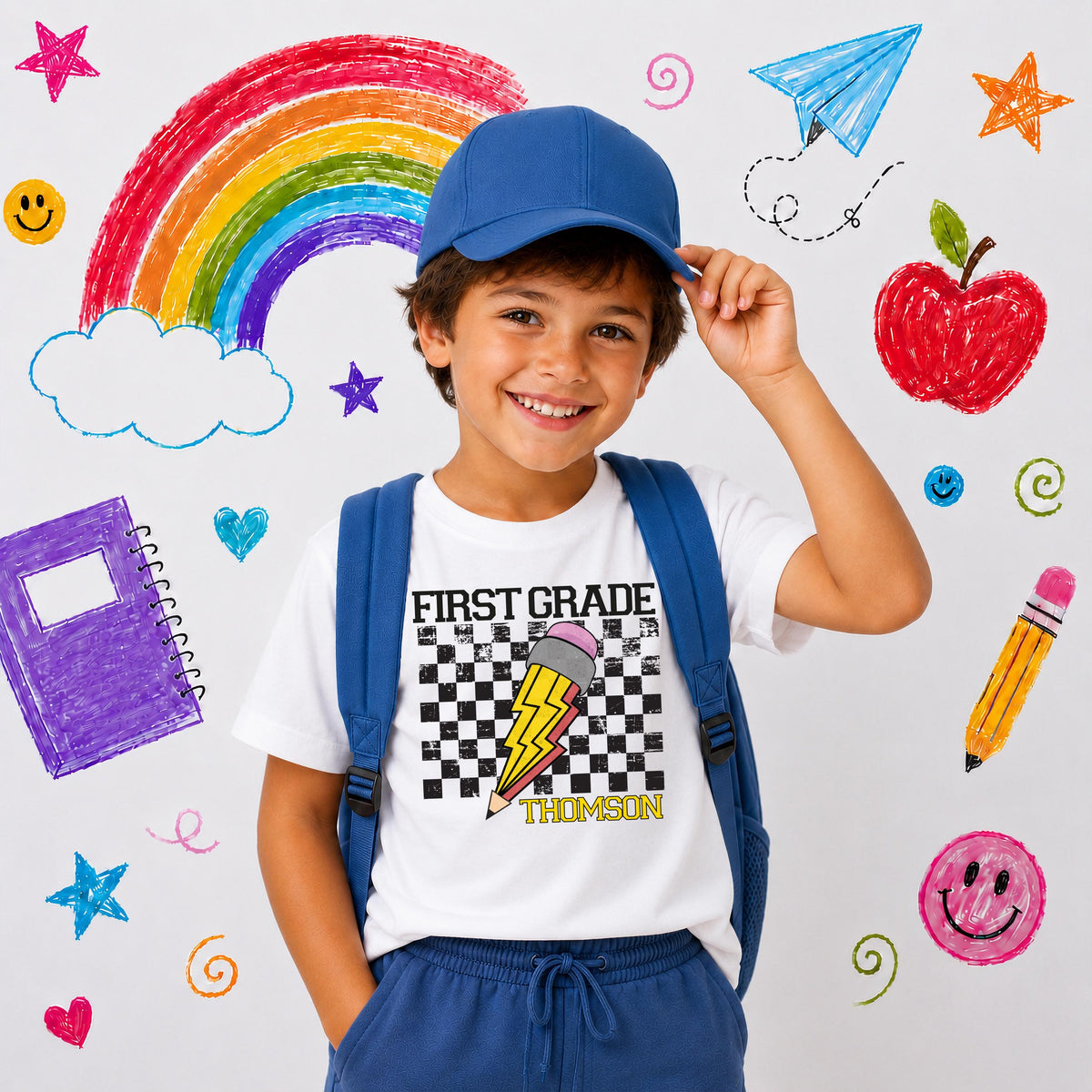 Custom First Grade T-Shirt, Checkered Back to School Shirt, Kids School Gift Tee