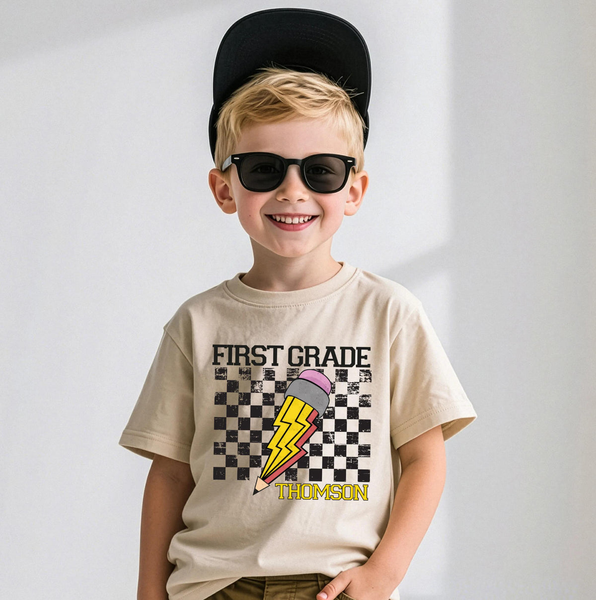 Custom First Grade T-Shirt, Checkered Back to School Shirt, Kids School Gift Tee