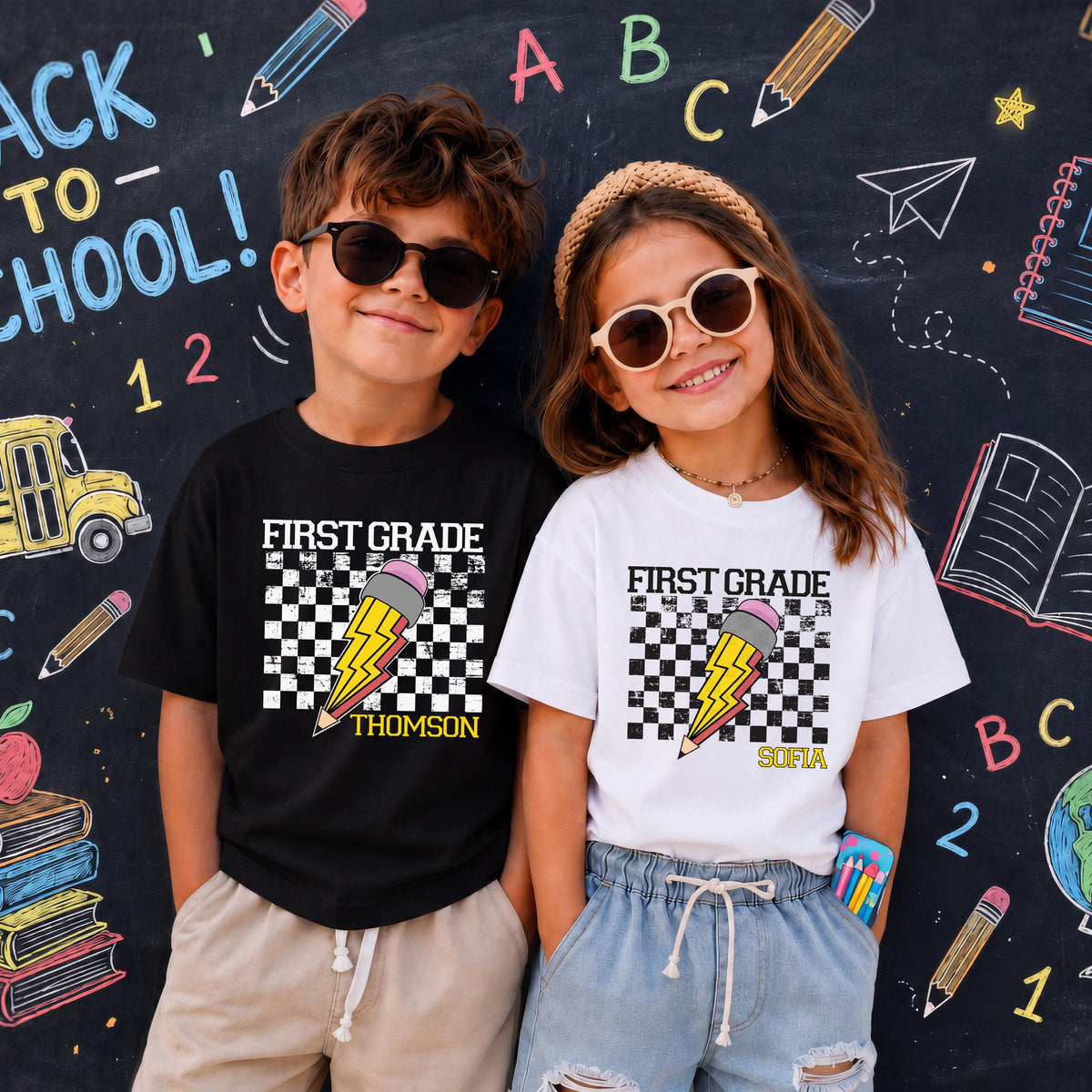 Custom First Grade T-Shirt, Checkered Back to School Shirt, Kids School Gift Tee