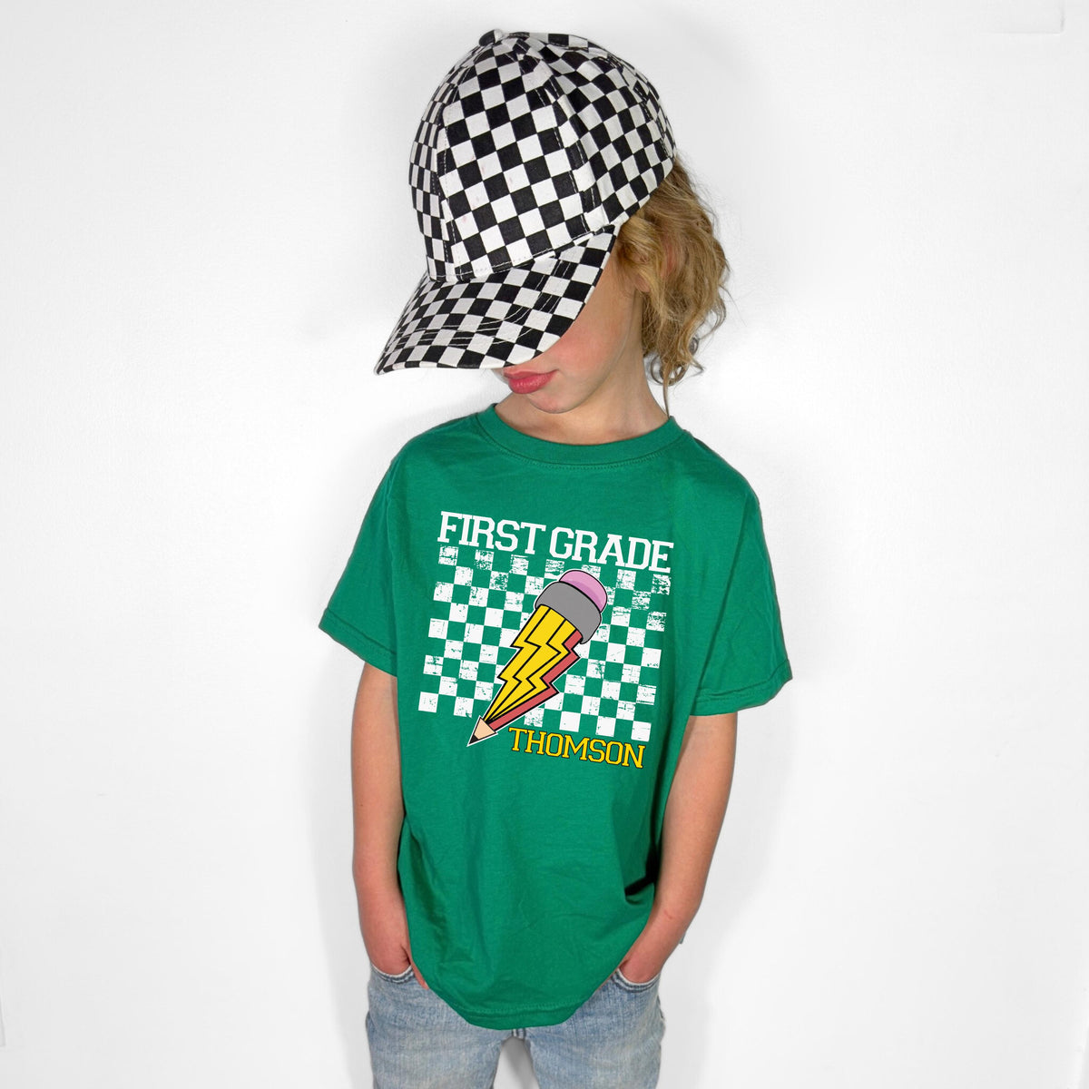Custom First Grade T-Shirt, Checkered Back to School Shirt, Kids School Gift Tee
