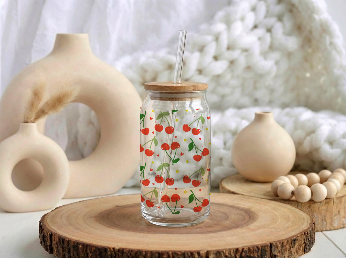 Personalized Cherry Pattern Glass Can Tumbler, Bamboo Lid Cup, Summer Vibe Drinkware