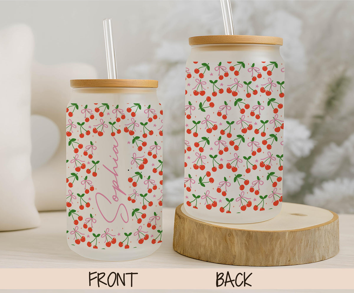 Personalized Cherry Pattern Glass Can Tumbler, Bamboo Lid Cup, Summer Vibe Drinkware