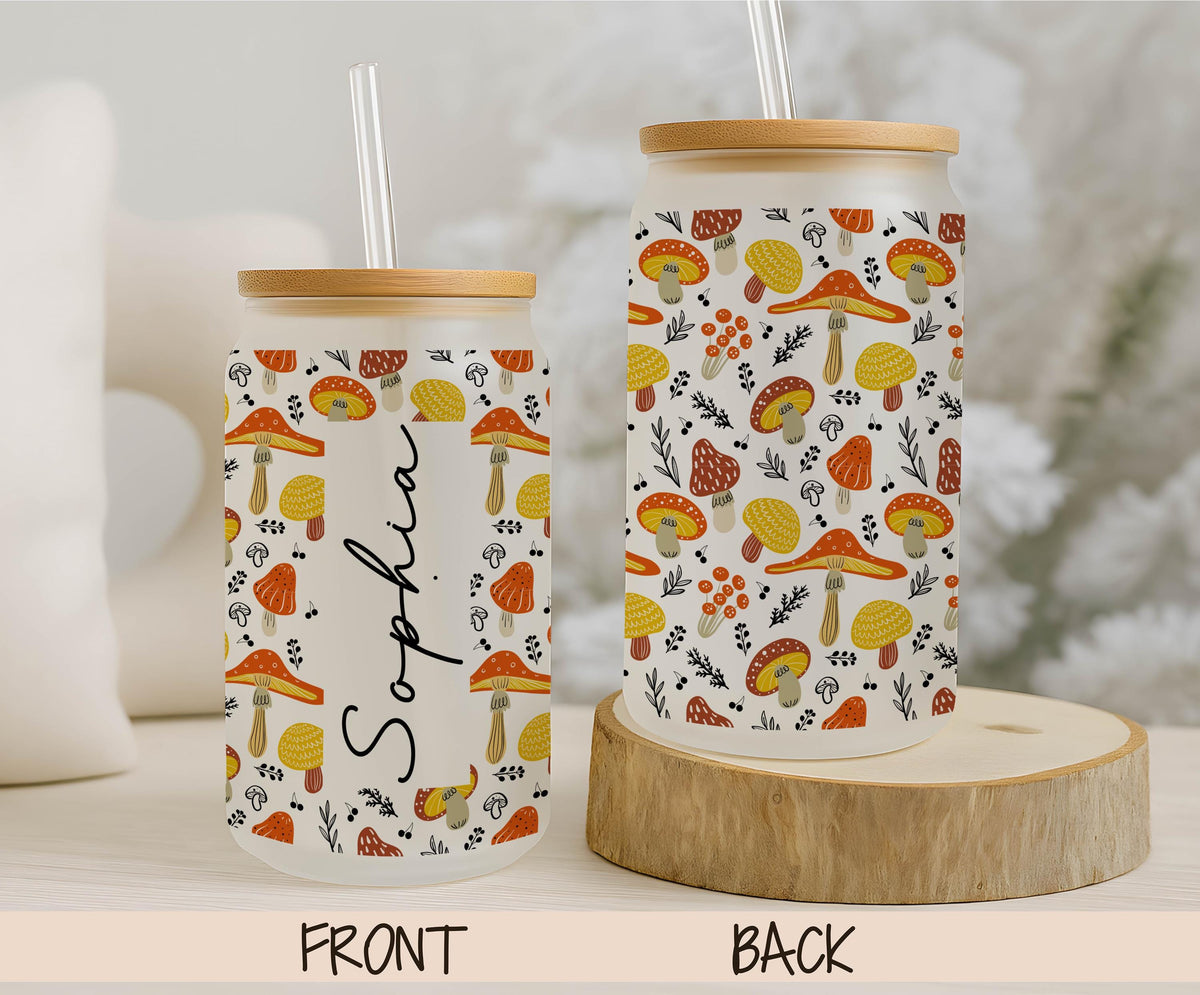 Personalized Mushroom Iced Coffee Glass, Custom Name Fungi Tumbler (16 oz)