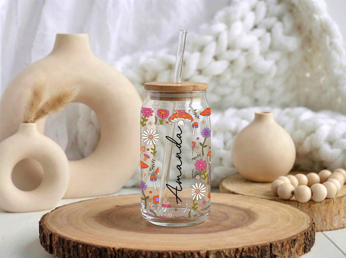 Personalized Mushroom Iced Coffee Glass, Custom Name Fungi Tumbler (16 oz)