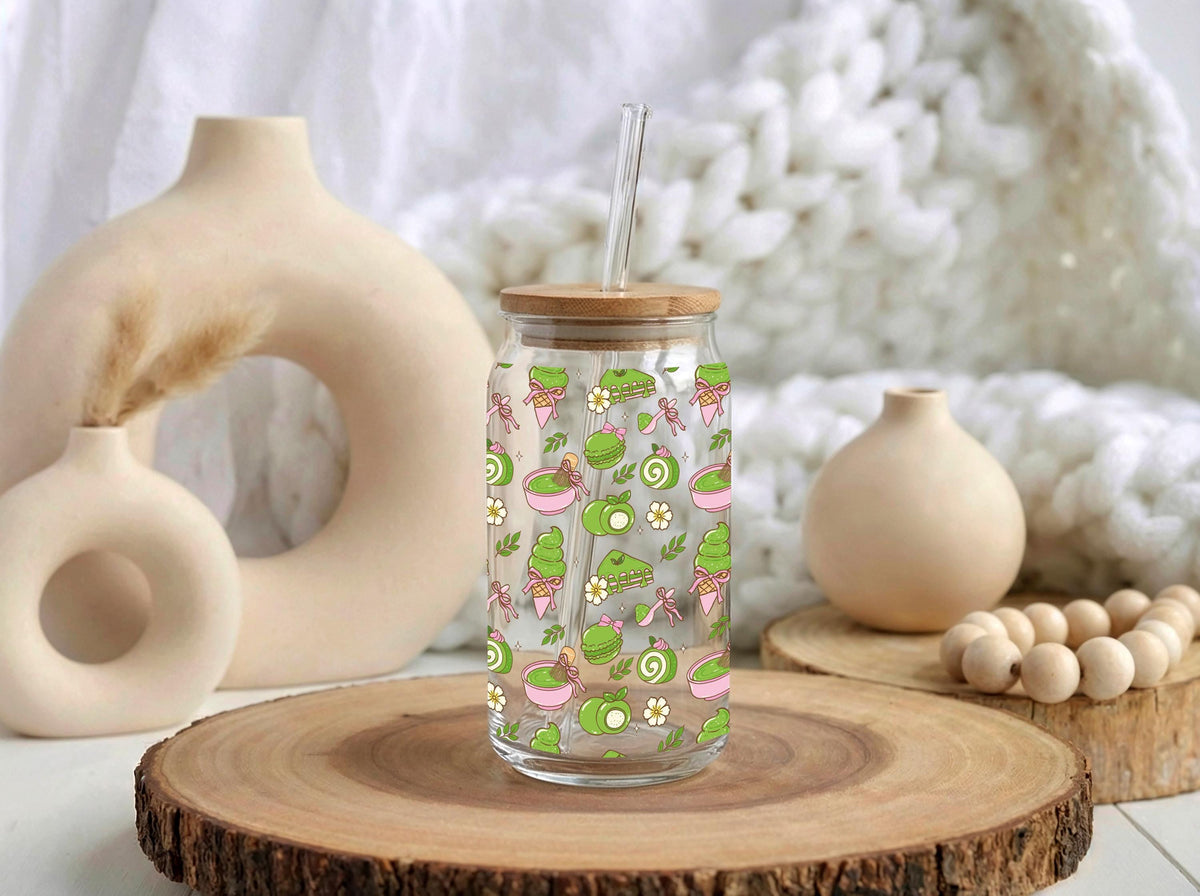 16oz Matcha Glass Tumbler, Japanese Green Tea Pattern Drinkware (Bamboo Lid)