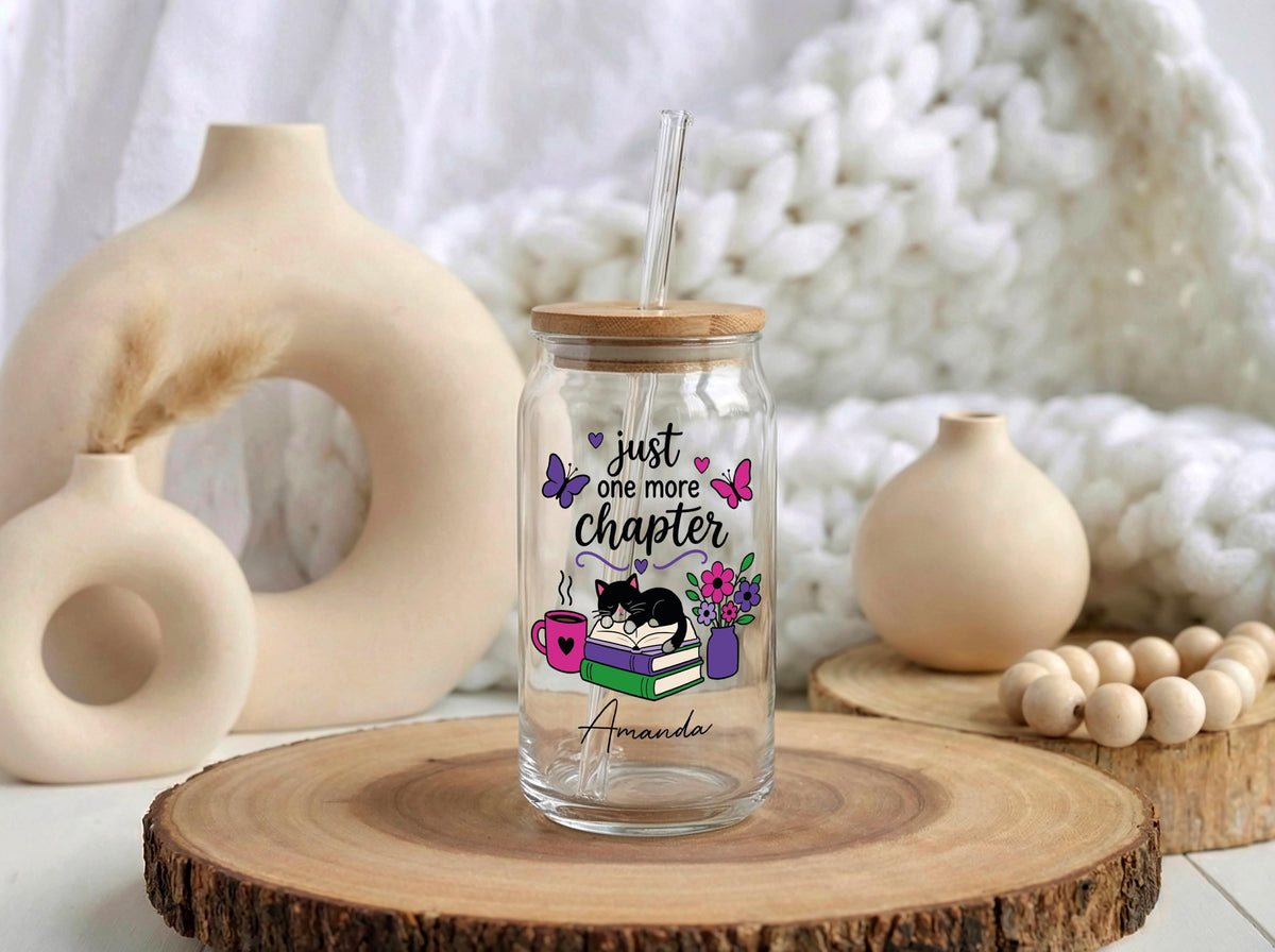 Custom Cat Mom Iced Coffee Glass Tumbler, Reading Book Lover Gift