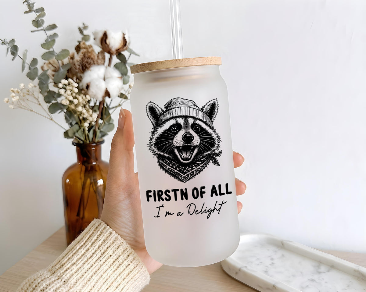 Raccoon Iced Coffee Glass Tumbler, Funny Sarcastic Quote Drinkware (16 oz)