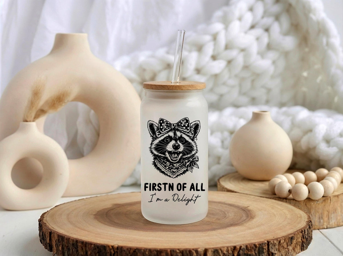 Raccoon Iced Coffee Glass Tumbler, Funny Sarcastic Quote Drinkware (16 oz)