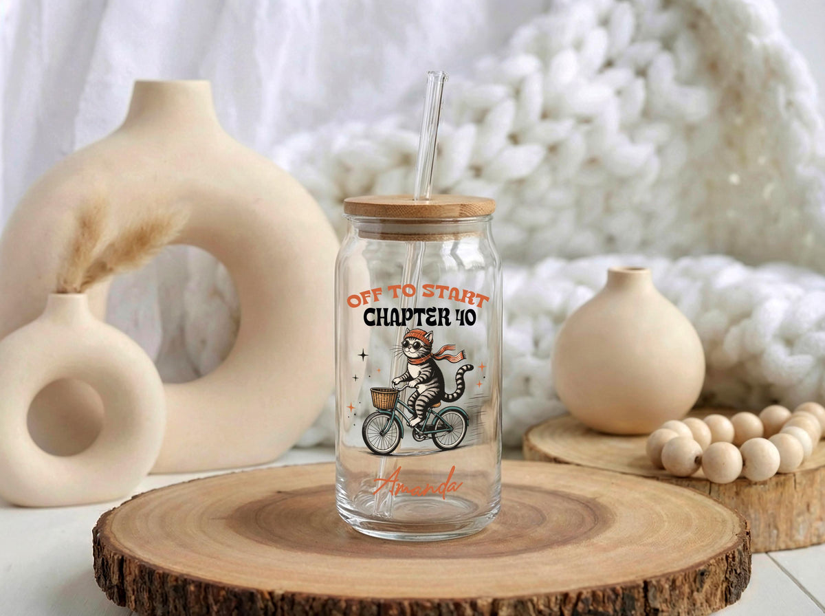 Personalized Cat Mom Iced Coffee Glass, Whimsical Birthday Tumbler (16 oz)