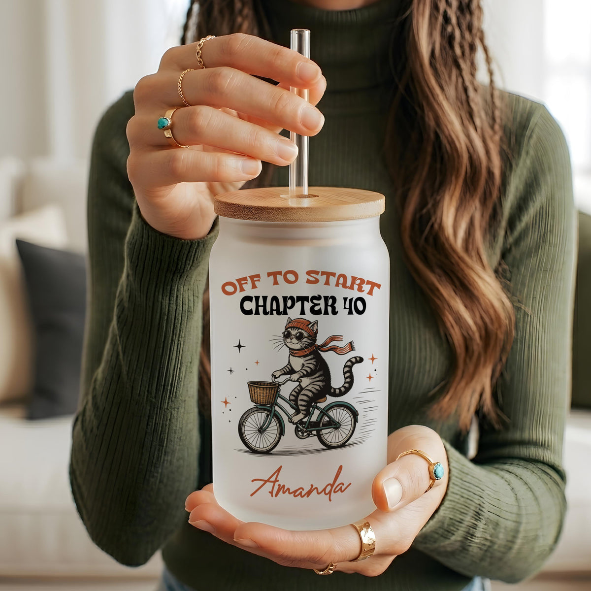 Personalized Cat Mom Iced Coffee Glass, Whimsical Birthday Tumbler (16 oz)