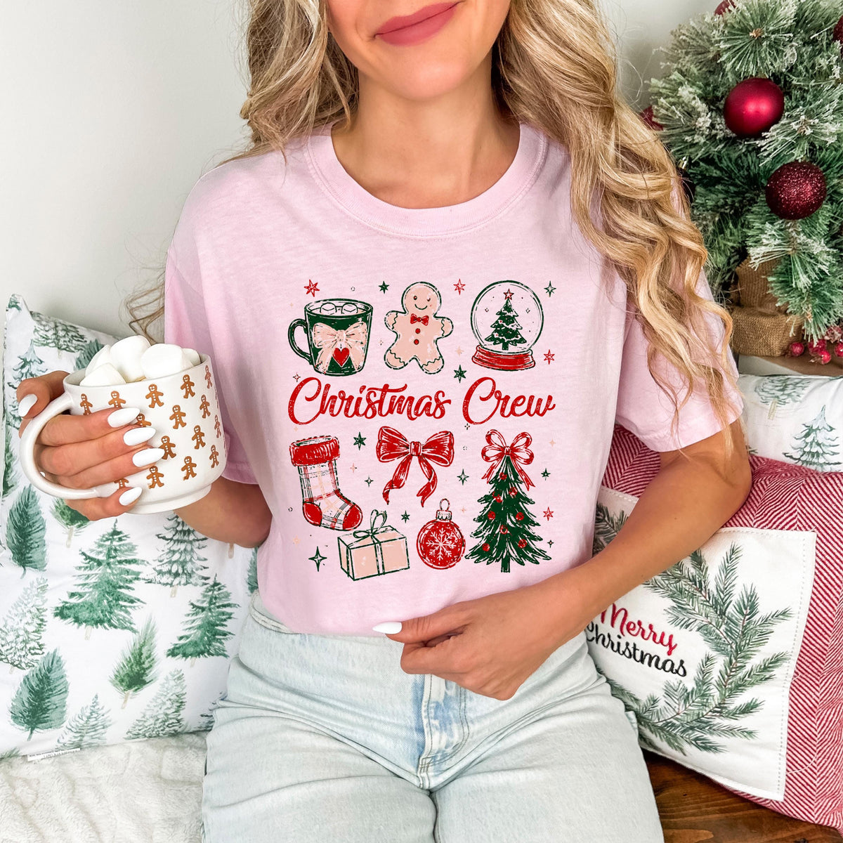 Christmas Crew Comfort Colors® T-Shirt, Coquette Bow Christmas Tee, Holiday Matching Gift
