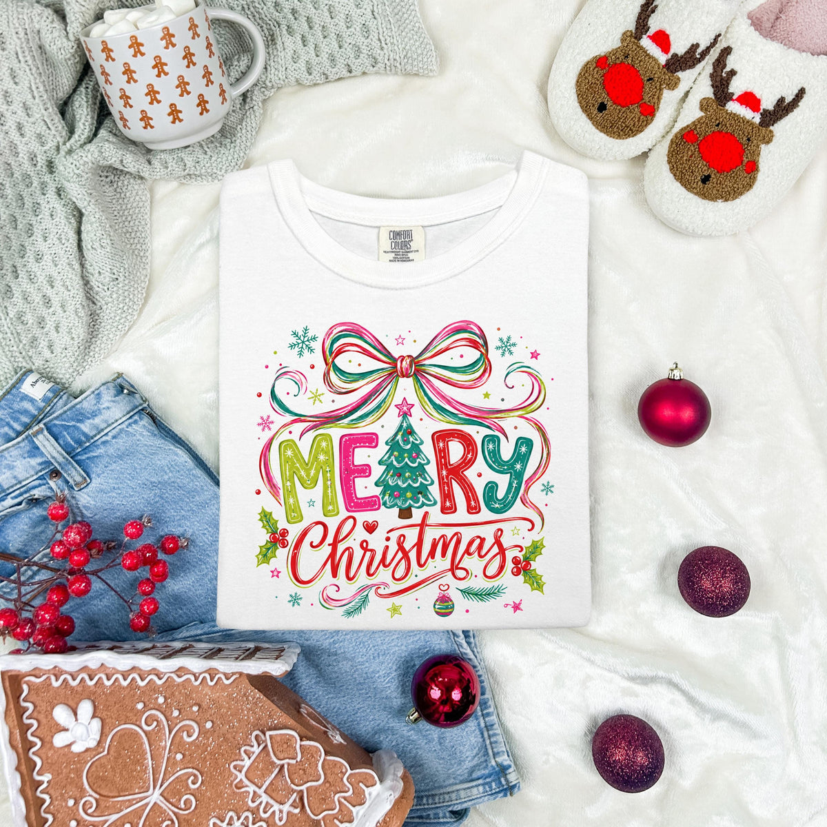 Merry Christmas Comfort Colors® T-Shirt, Colorful Coquette Bow Xmas Tee, Women Holiday Gift