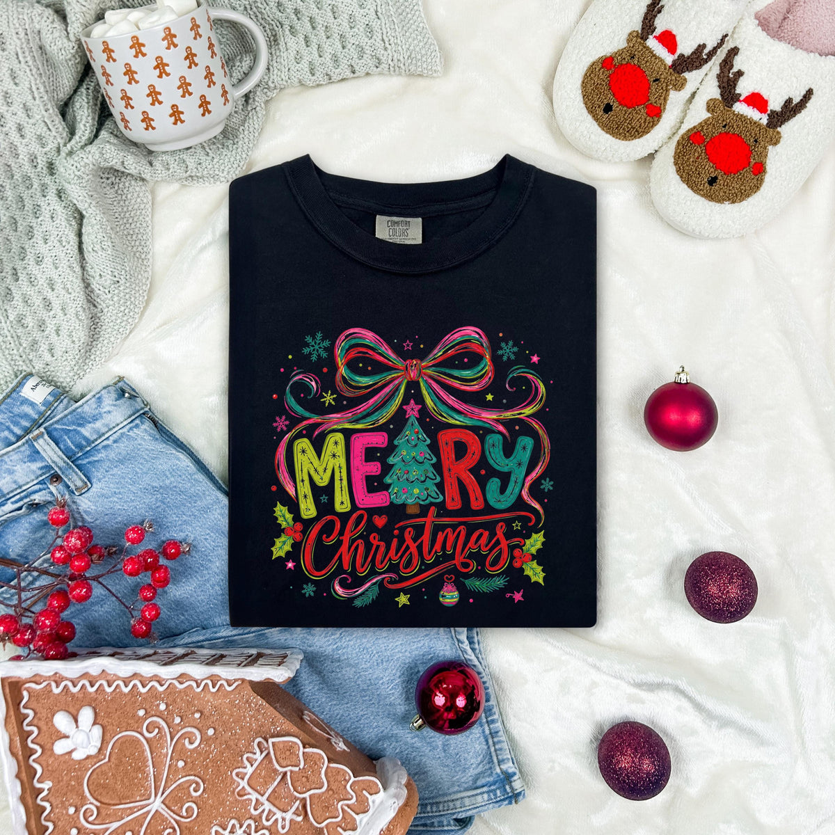 Merry Christmas Comfort Colors® T-Shirt, Colorful Coquette Bow Xmas Tee, Women Holiday Gift