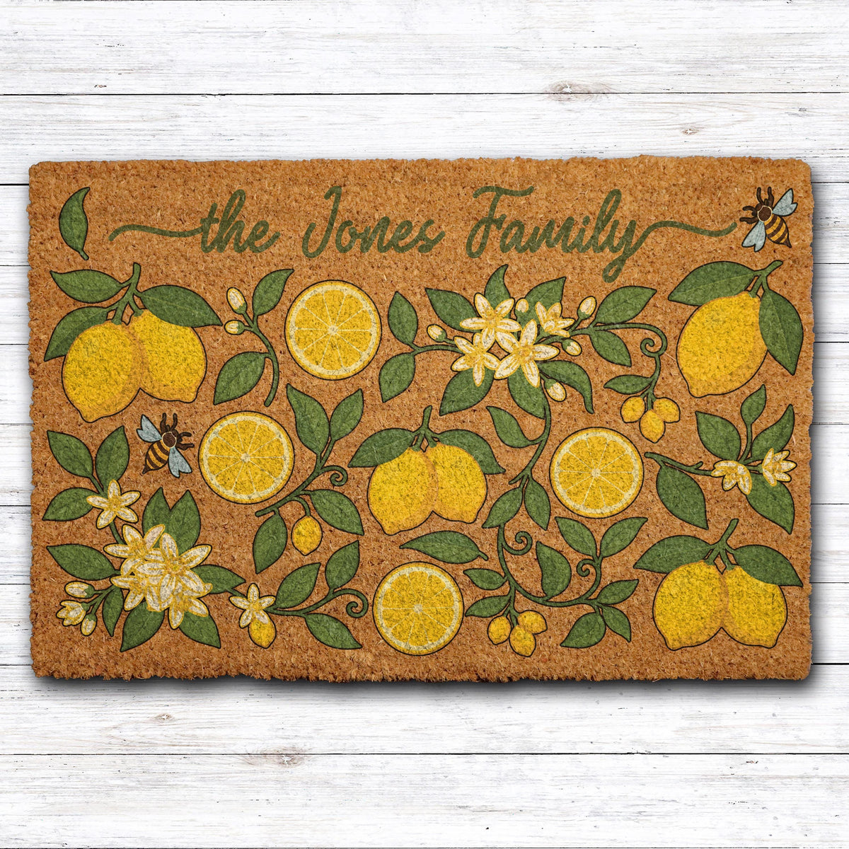 Custom Family Name Lemon Doormat, Personalized Bees and Blossoms Welcome Mat