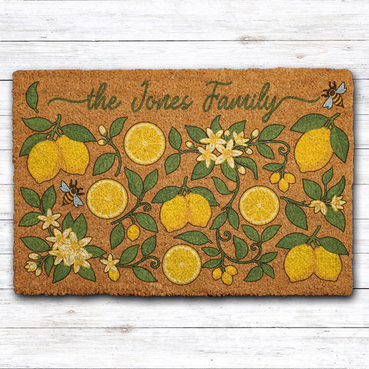 Custom Family Name Lemon Doormat, Personalized Bees and Blossoms Welcome Mat
