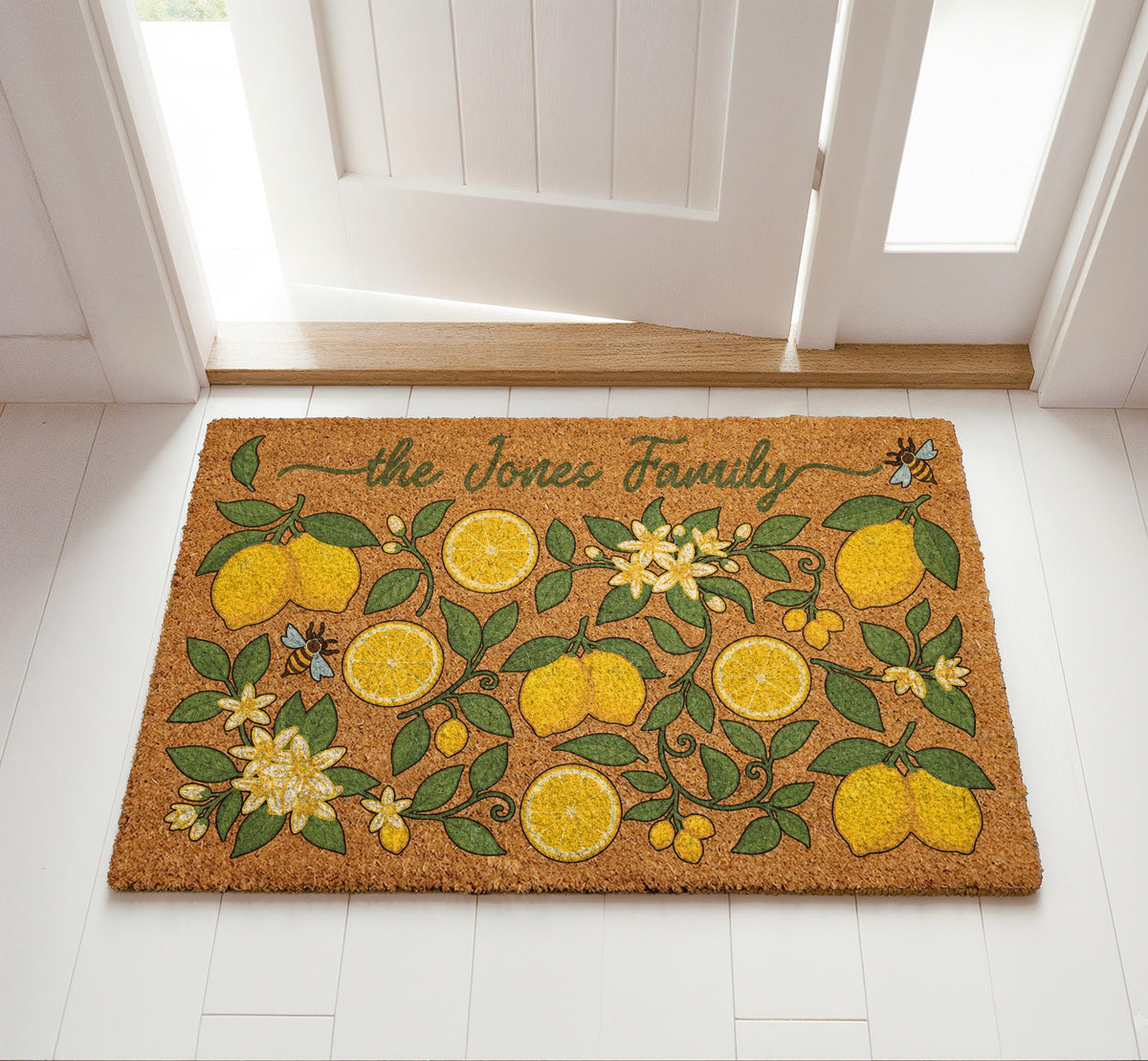 Custom Family Name Lemon Doormat, Personalized Bees and Blossoms Welcome Mat