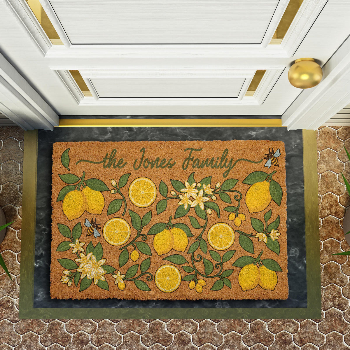 Custom Family Name Lemon Doormat, Personalized Bees and Blossoms Welcome Mat