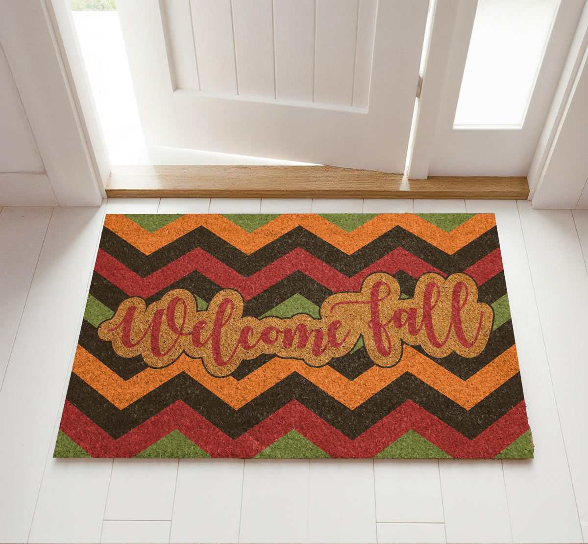 Retro Chevron Pattern Welcome Fall Doormat, Cozy Autumn Entryway Welcome Mat