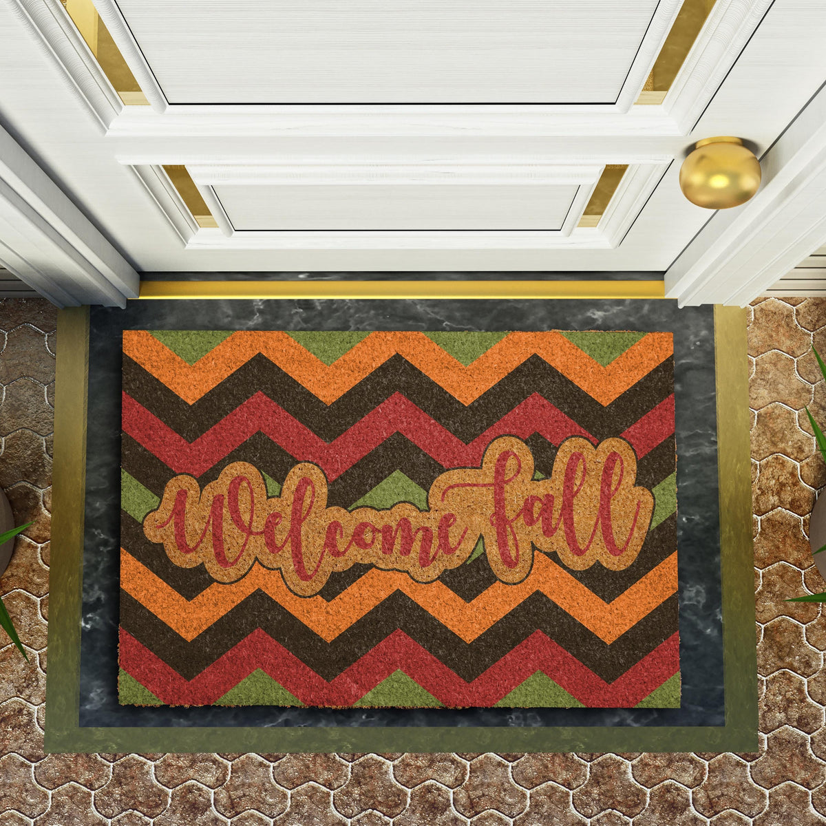 Retro Chevron Pattern Welcome Fall Doormat, Cozy Autumn Entryway Welcome Mat