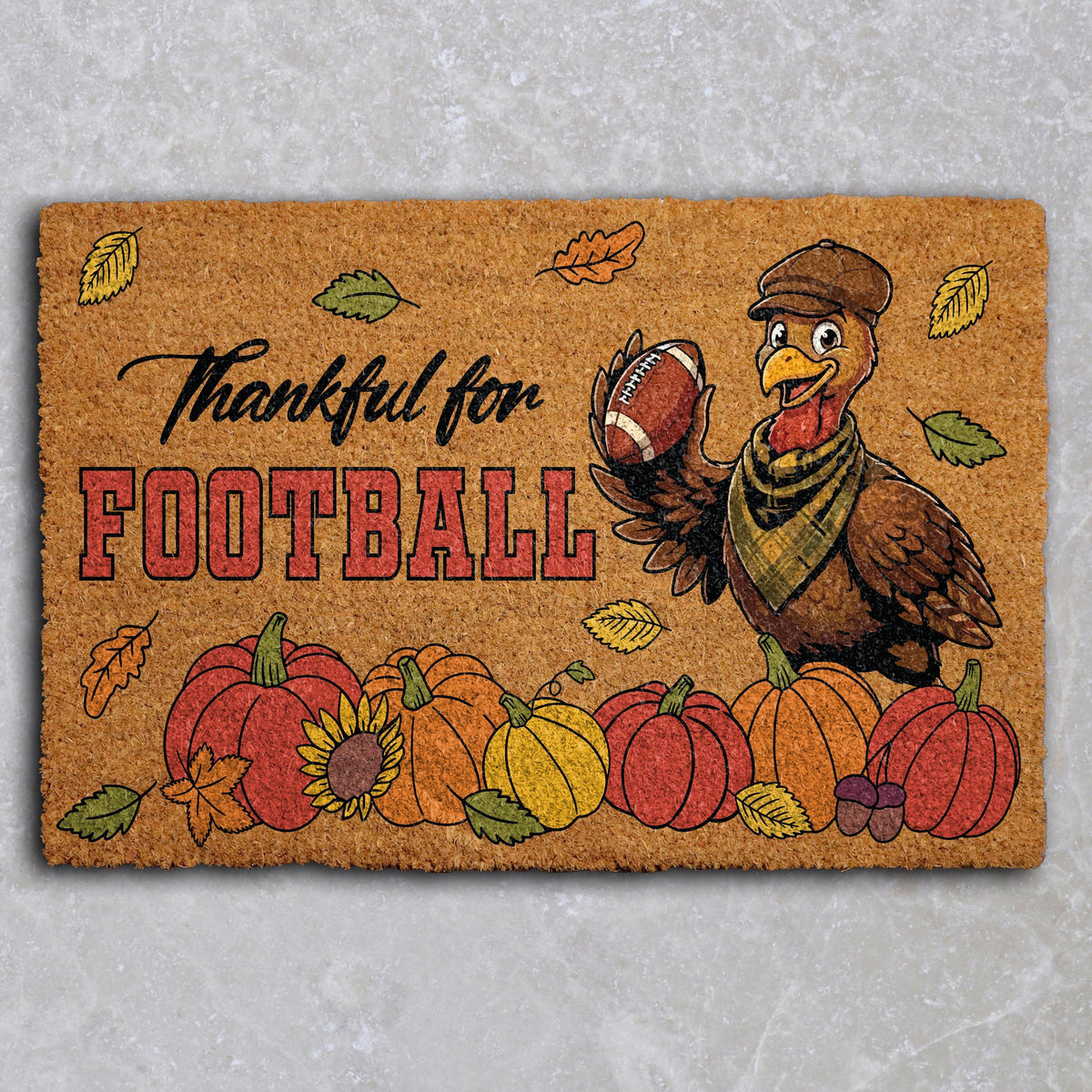 Thankful For Football Welcome Mat, Thanksgiving Turkey Sports Family Doormat
