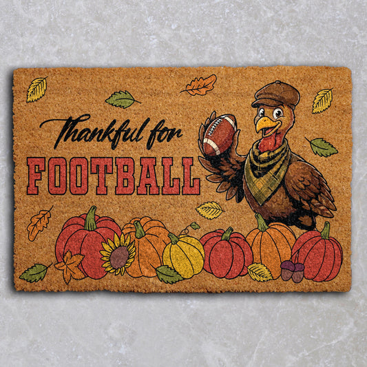 Thankful For Football Welcome Mat, Thanksgiving Turkey Sports Family Doormat