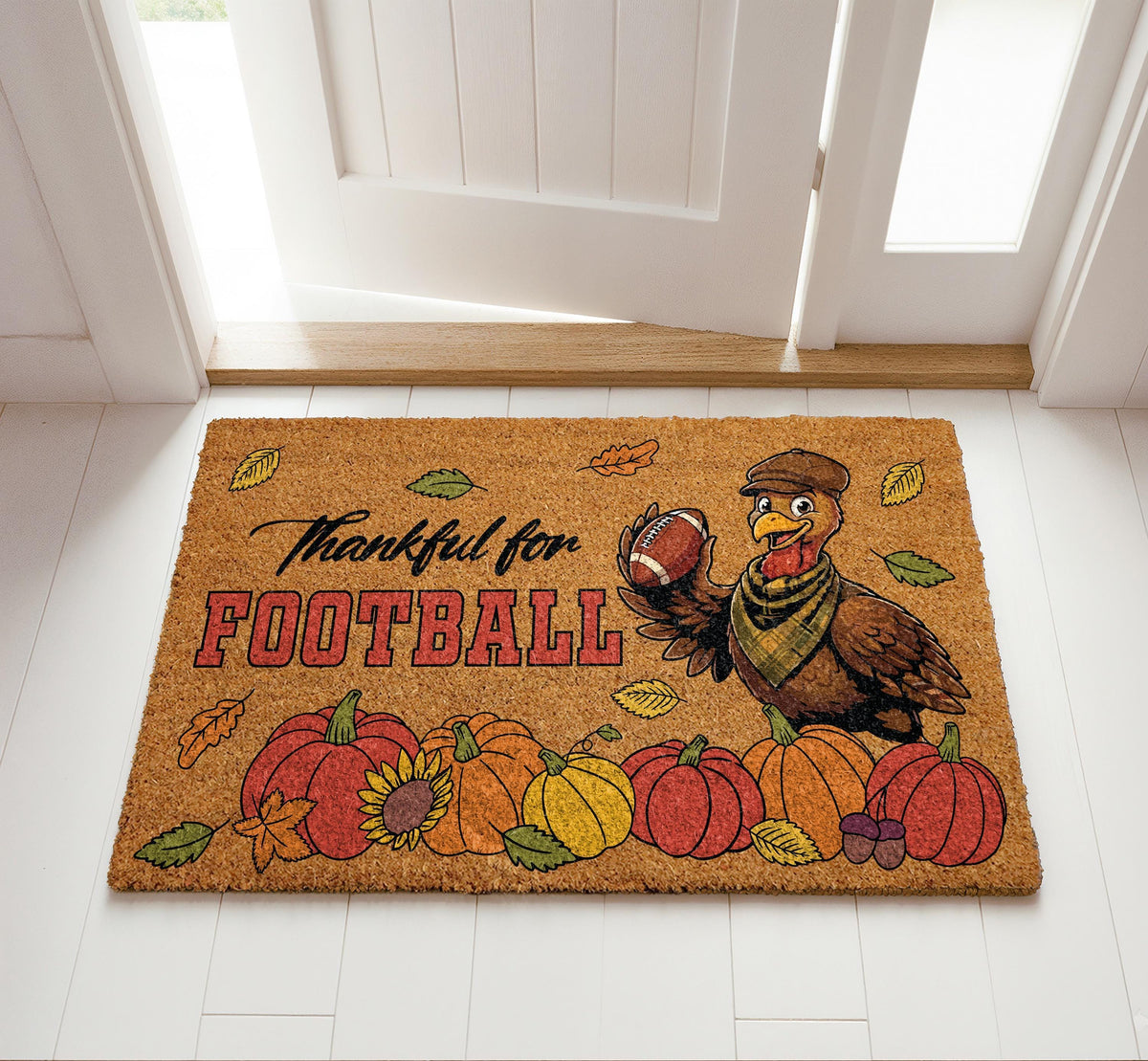 Thankful For Football Welcome Mat, Thanksgiving Turkey Sports Family Doormat