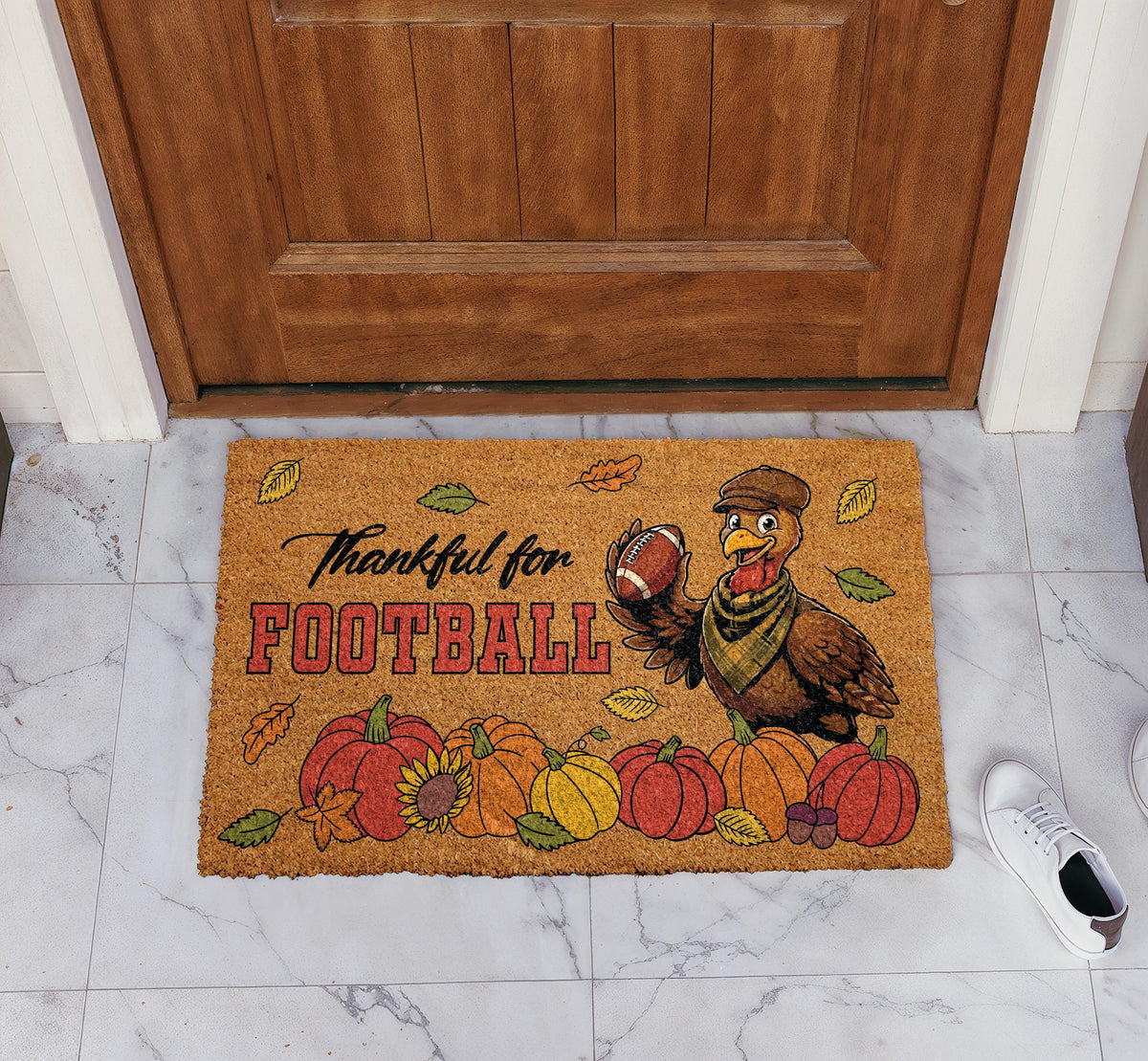Thankful For Football Welcome Mat, Thanksgiving Turkey Sports Family Doormat