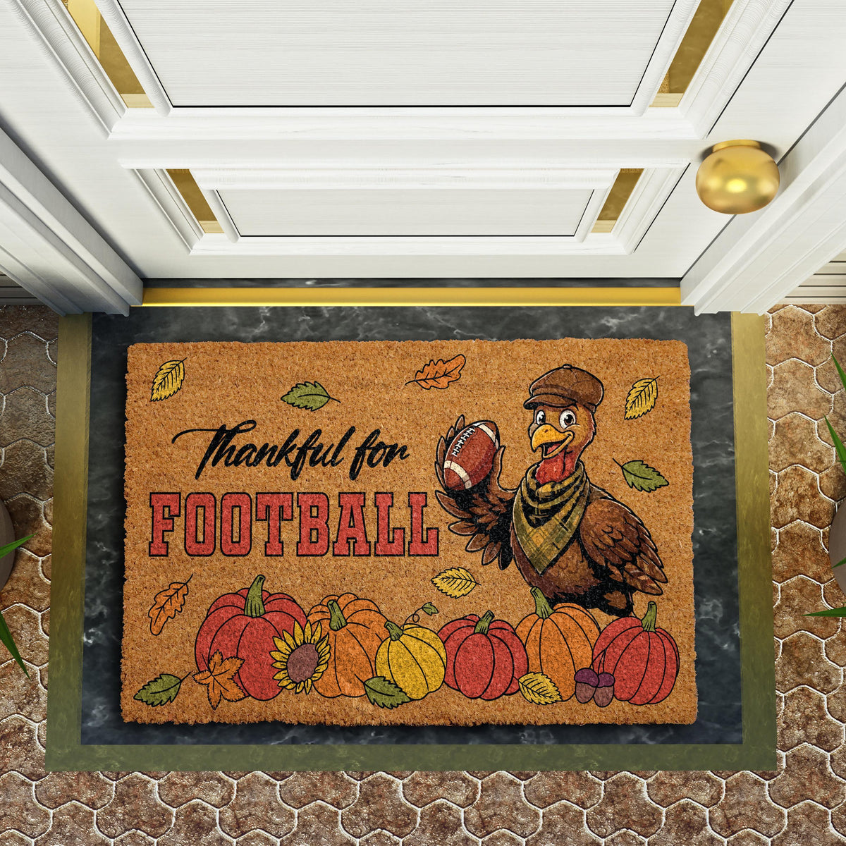 Thankful For Football Welcome Mat, Thanksgiving Turkey Sports Family Doormat