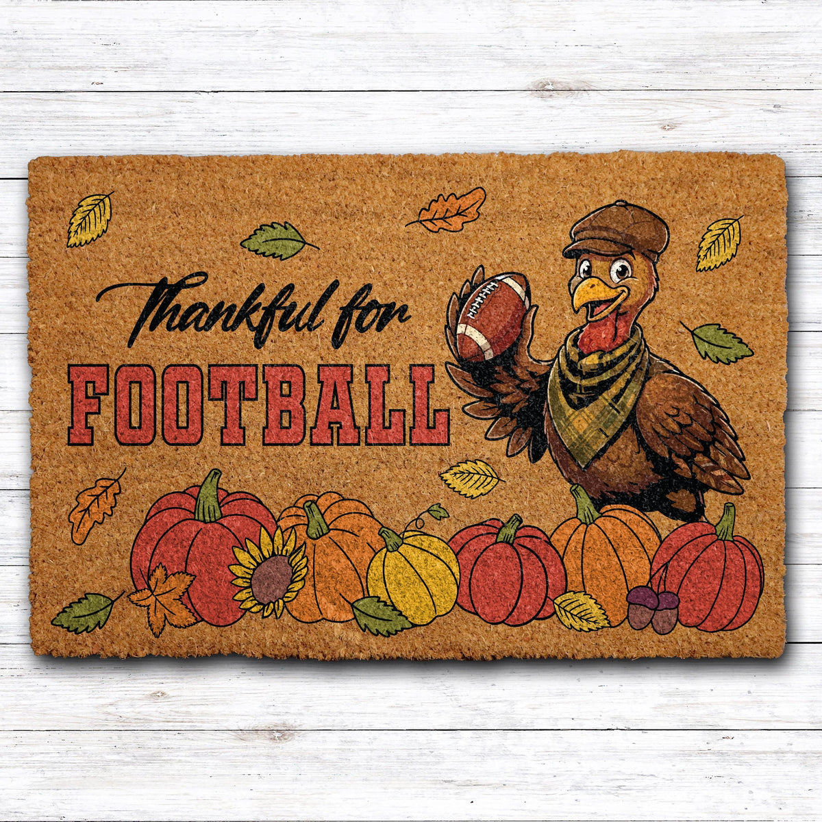 Thankful For Football Welcome Mat, Thanksgiving Turkey Sports Family Doormat