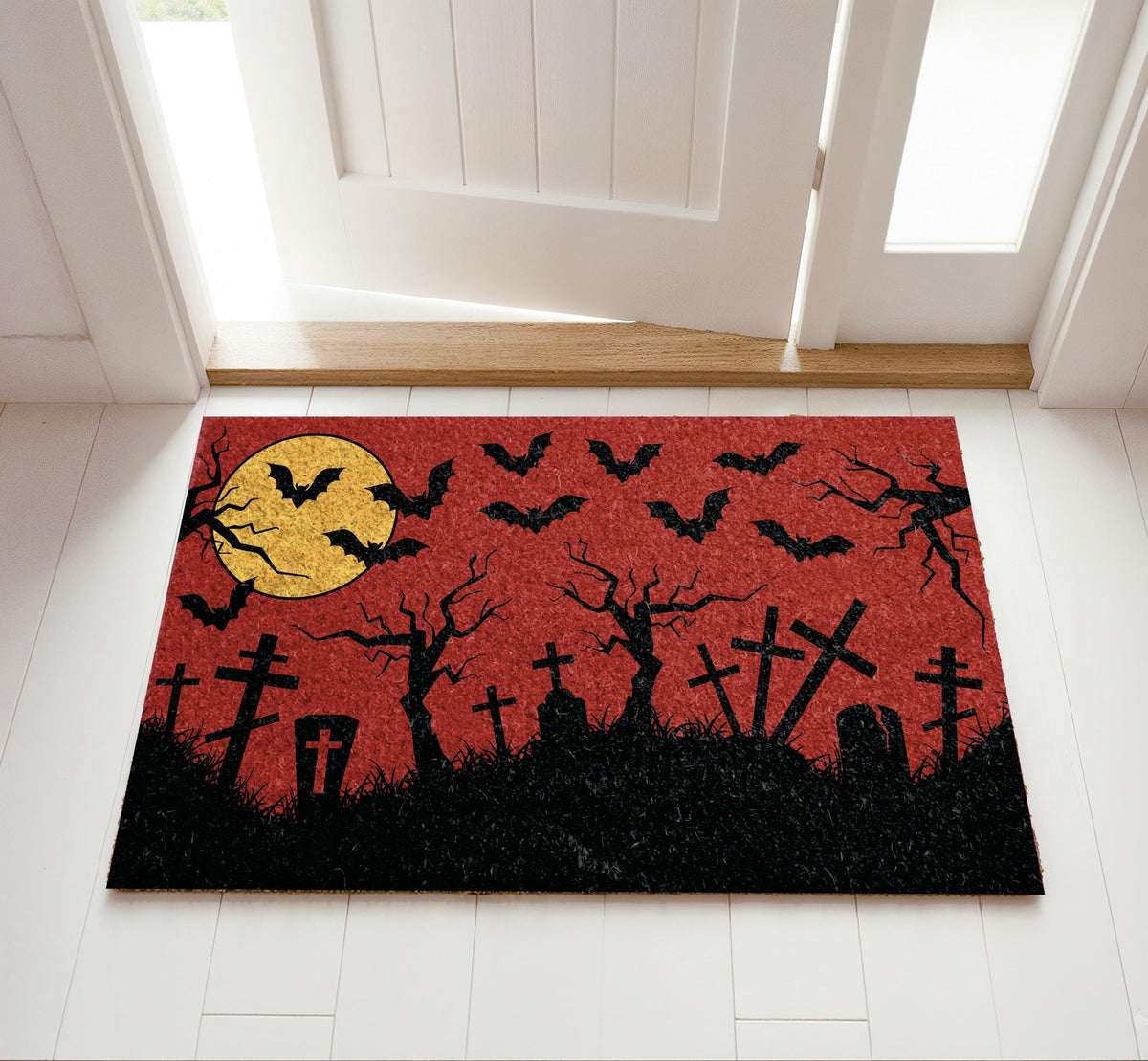 Creepy Haunted Graveyard Welcome Mat, Spooky Cemetery Red Sky Entryway Doormat