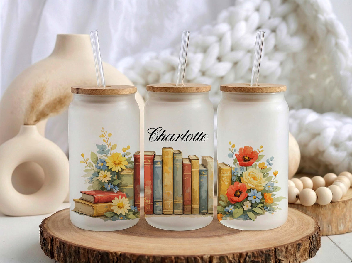 Personalized Frosted Glass Tumbler, Book Lover Floral Iced Coffee Cup