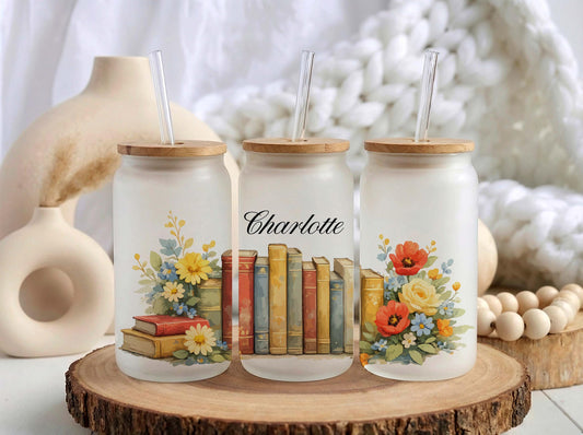 Personalized Frosted Glass Tumbler, Book Lover Floral Iced Coffee Cup