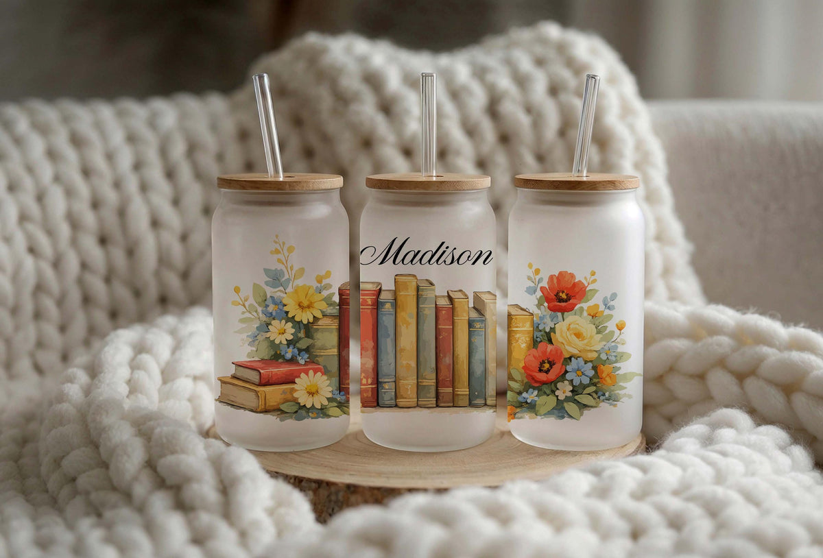 Personalized Frosted Glass Tumbler, Book Lover Floral Iced Coffee Cup